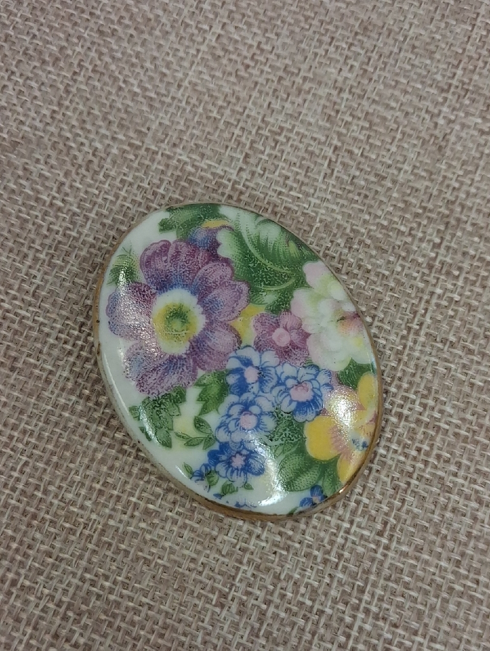 Floral Porcelain Brooch Gold Tone Oval Vintage Style Multicolor Pin OS